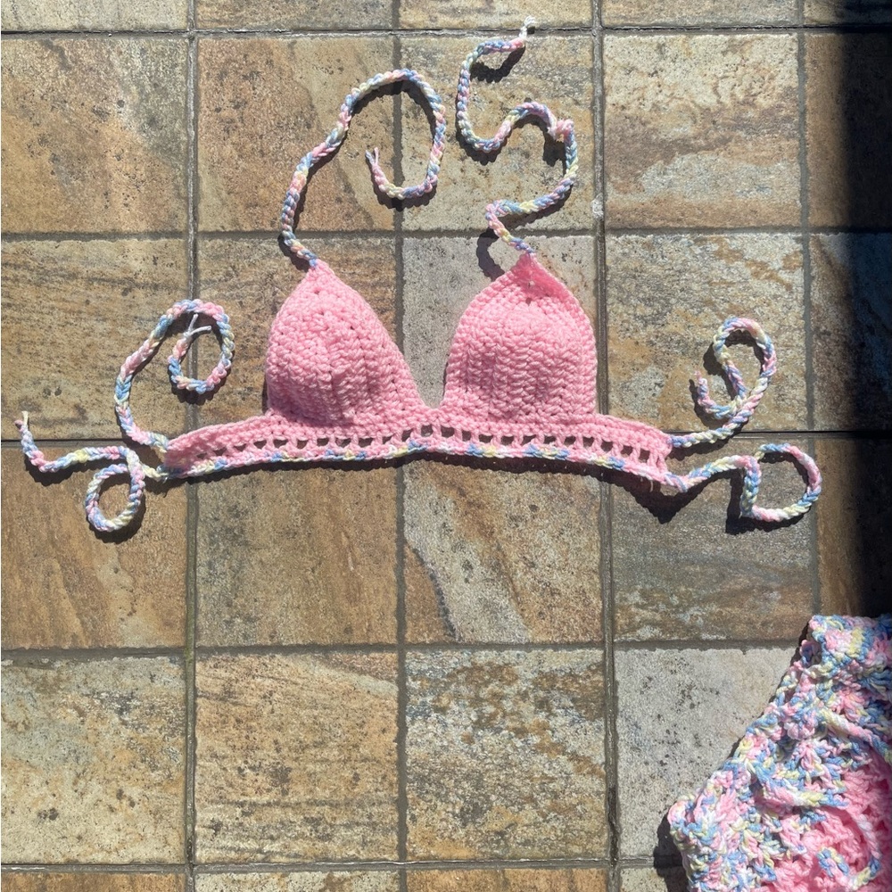 Handmade Pink Crochet Bikini Top | Multicolor Ties | Adjustable Halter Tie